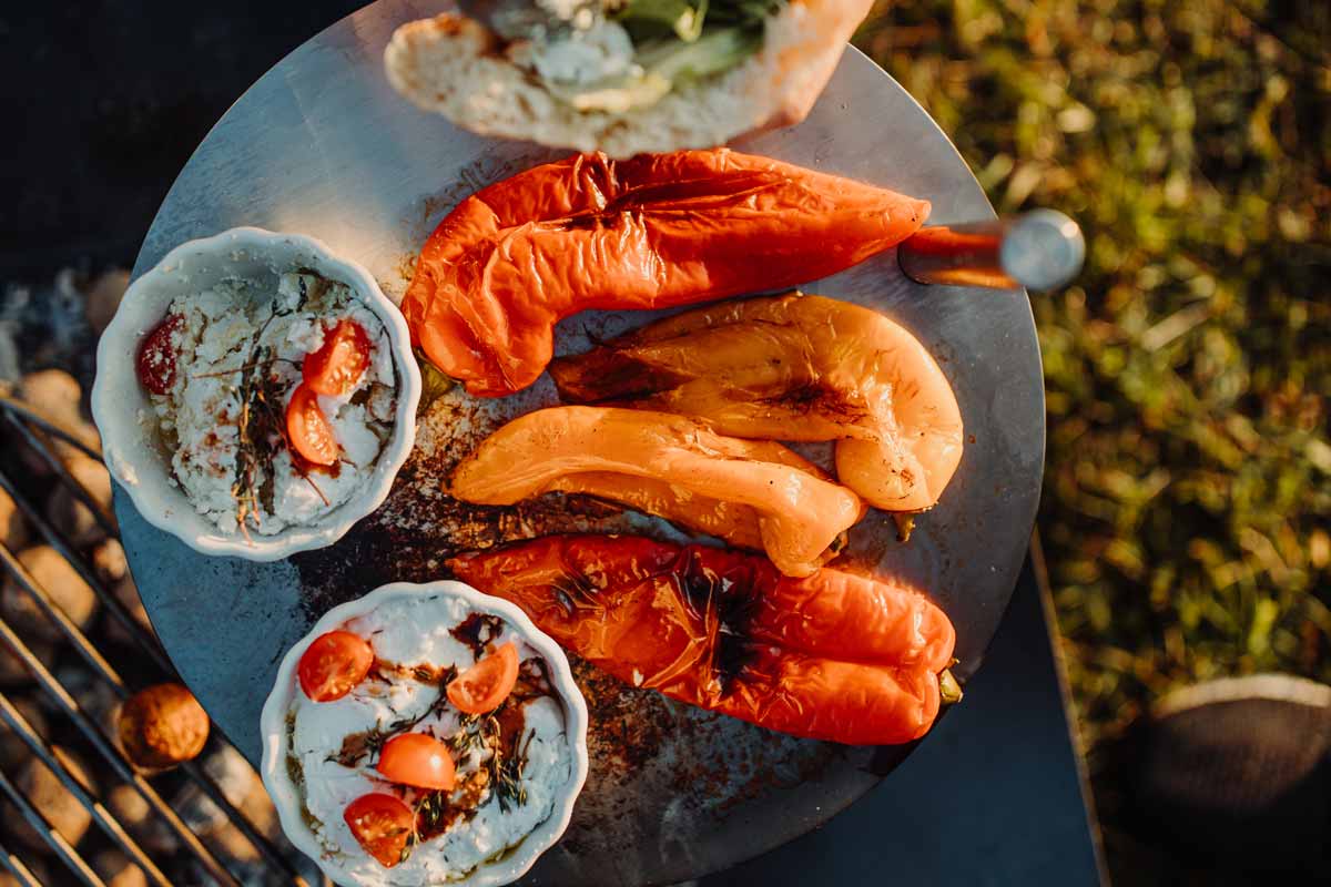 A view of a plate of food on a grill, with the TRIPLE Table.