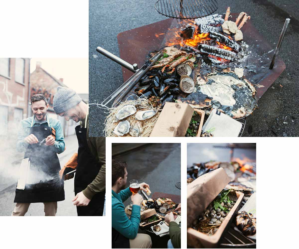 The photo presents a man is cooking food on a grill, with the BBQ Starter.