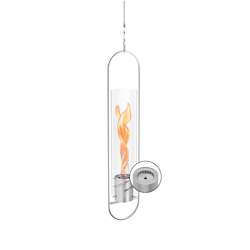 SPIN 1200 Hanging Fire silver An inviting scene with a fire pit with a glass cover and a metal stand, highlighted by the presence of the Spin 1200 Hanging Fire