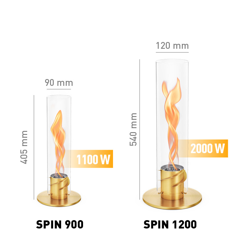 SPIN classic 1200 Cheminée de Table or La taille de la flamme est illustrée dans l'image, avec le brasero de table SPIN 1200 en or.