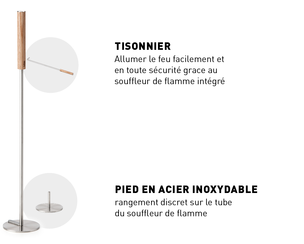 Une vue des outils de feu avec une base en bois et une base en métal