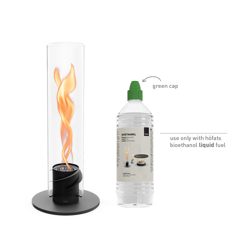 SPIN classic 1200 Tabletop Fireplace black A white background with the 00700 Spin 1200 Tablefire black and a bottle of bioethanol liquid