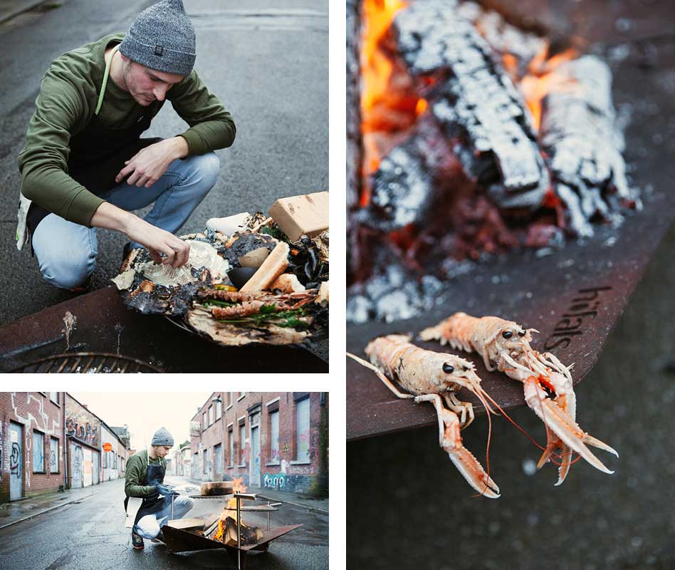 Depicted here is a man cooking food on a grill in the street, with the BBQ Starter.