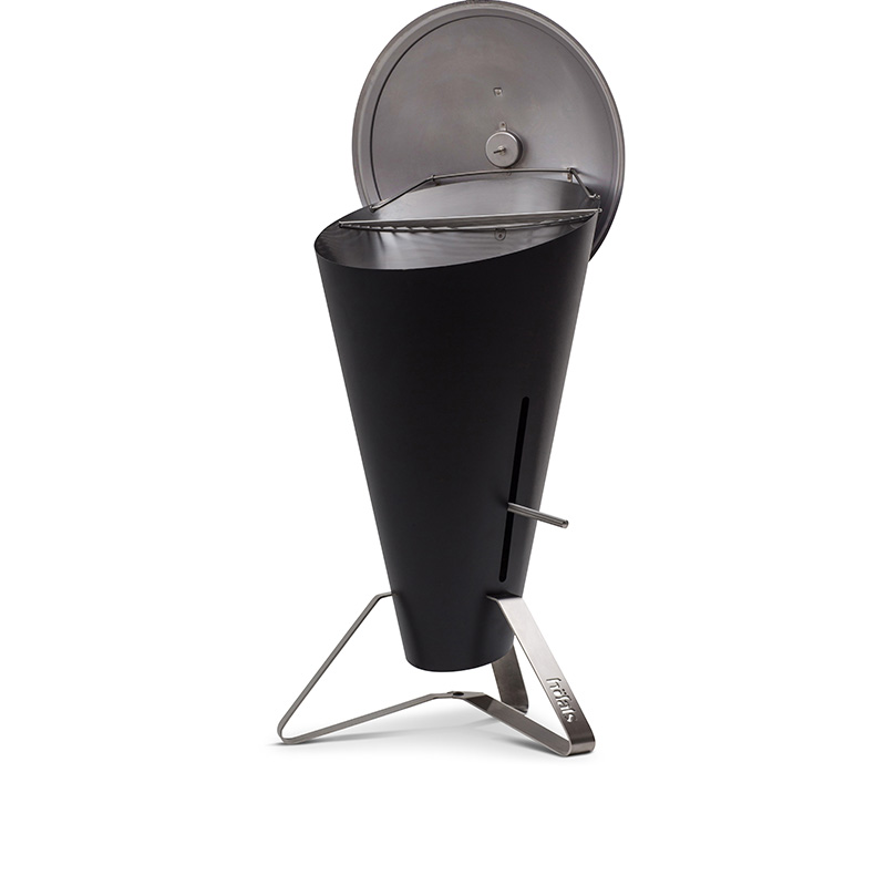 CONE Charcoal Grill An image showing a black barbecue grill with a metal stand, with the CONE Charcoal Grill.