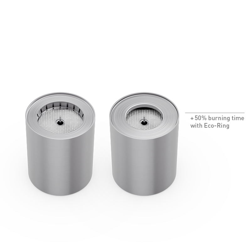 SPIN 900 Bio-Burner mit Eco-Ring und Löschdeckel Eine Darstellung des 900 BioBurners und seines ecoring mit weißem Hintergrund