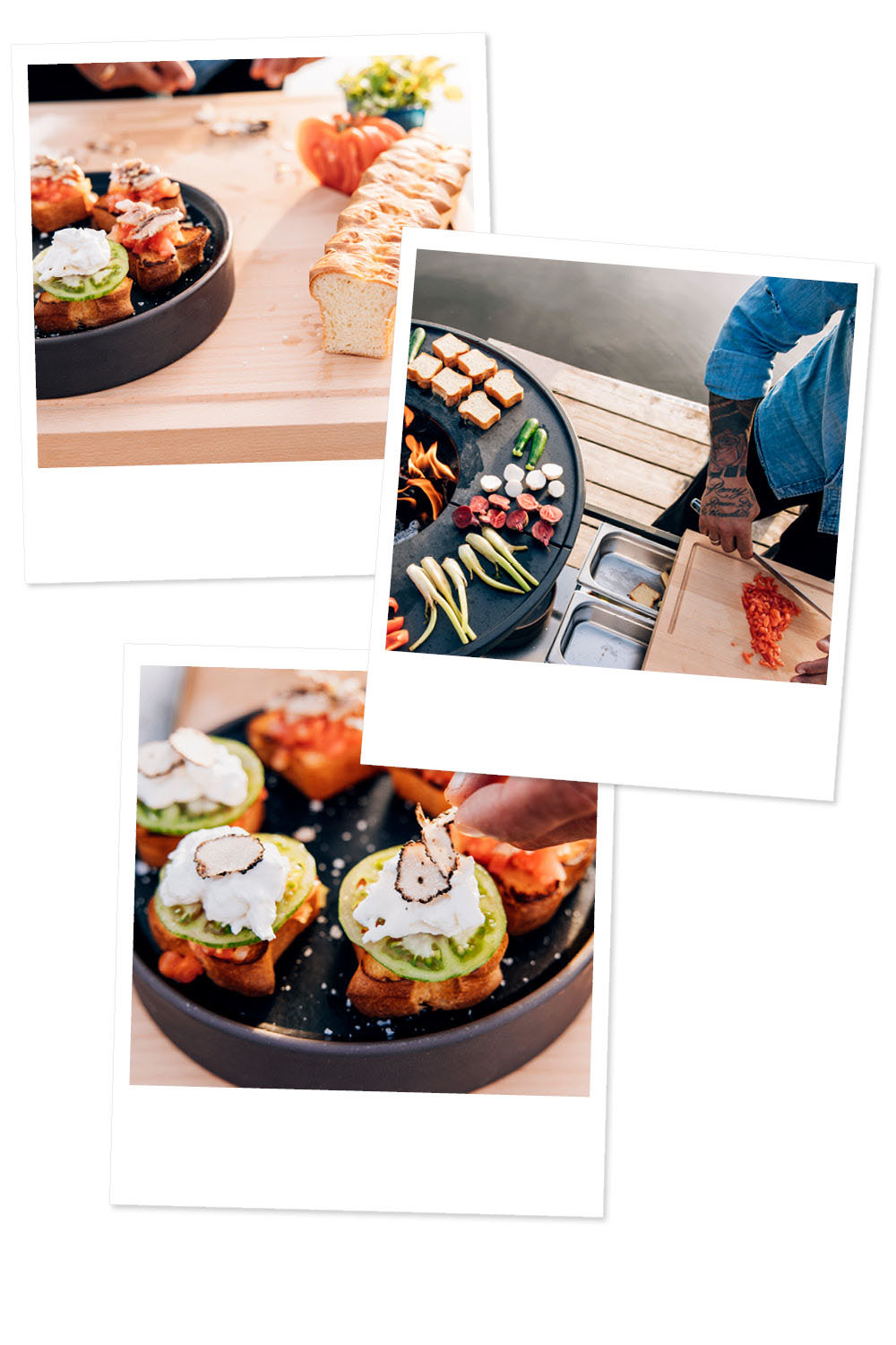 a collage of three pictures of food on a table.