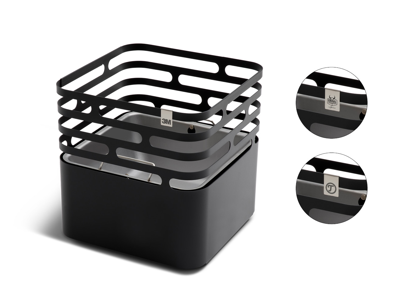 Ici est représenté l'arrière d'une boîte noire avec deux verres, avec le logo CUBE Brasero noir.