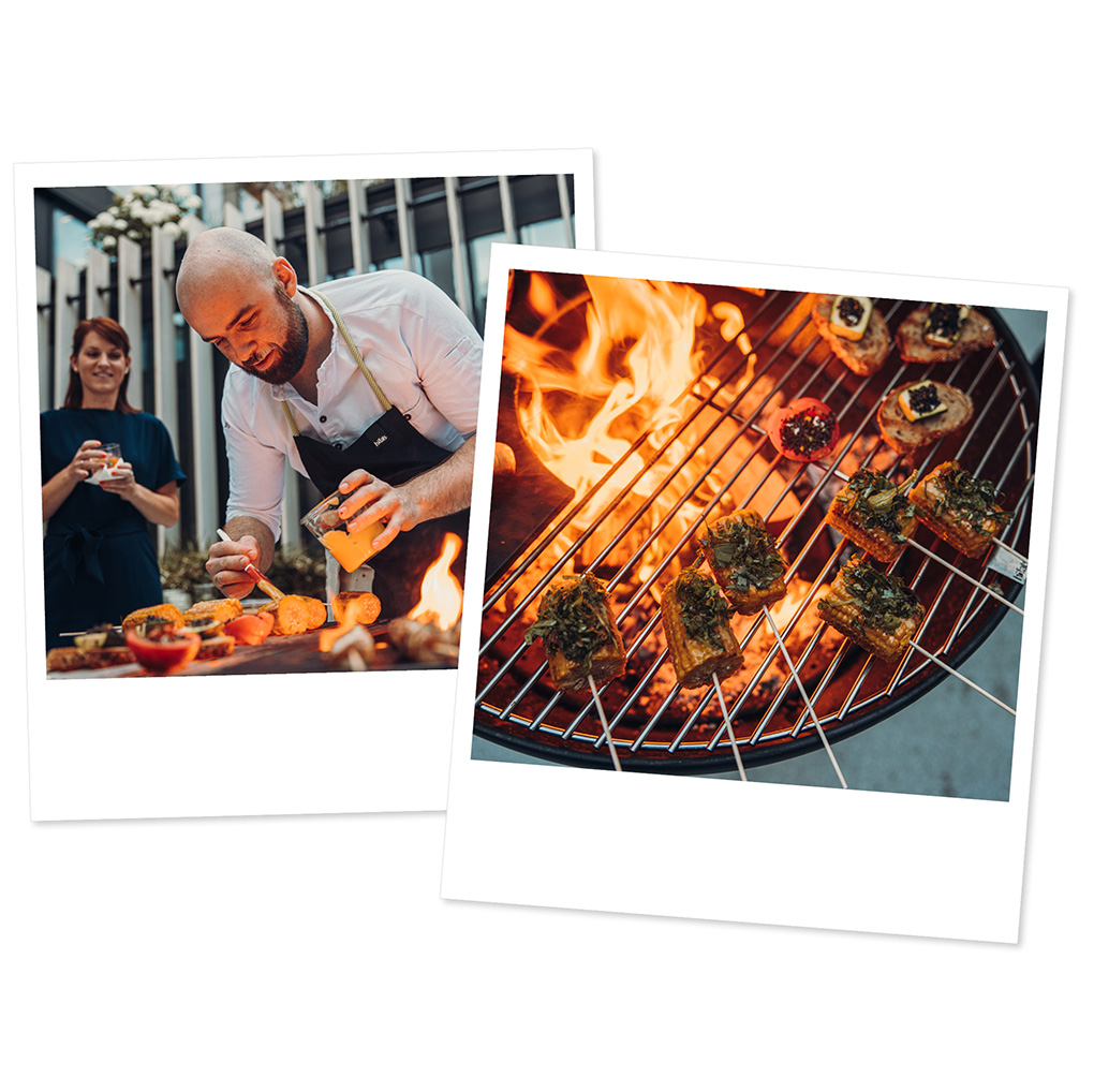 two pictures of a man cooking food on a grill