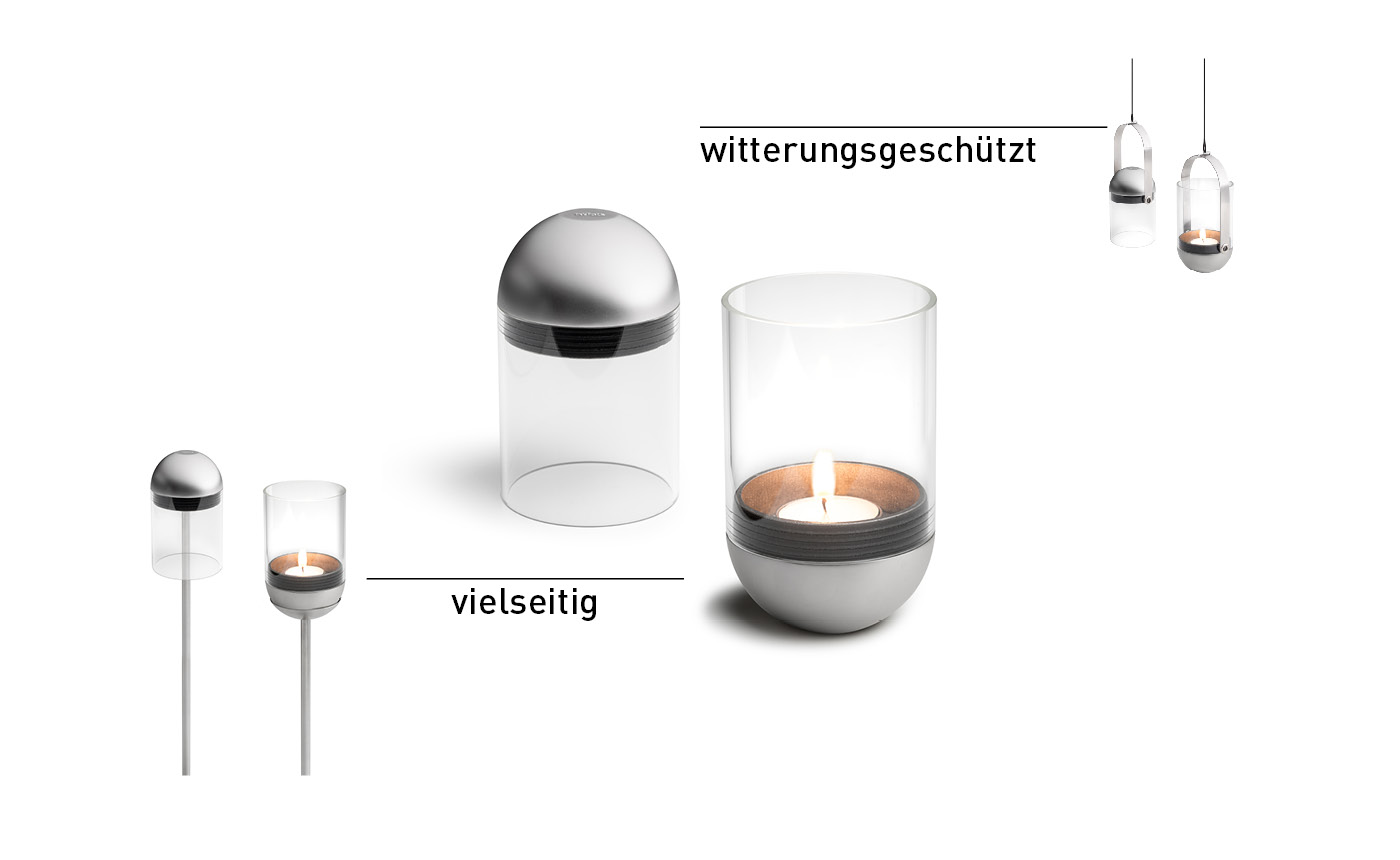 Abgebildet ist hier ein Kerzenhalter mit einer Kerze und einem Glasbehälter, mit dem LOGO GRAVITY CANDLE M90 Laterne.