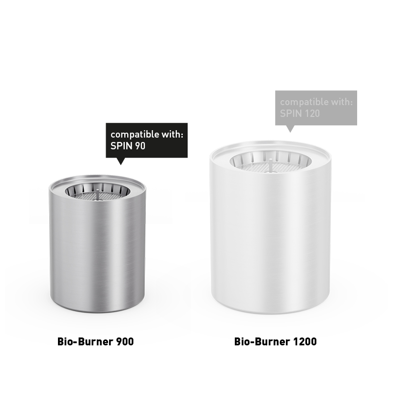 Eine Darstellung einer Edelstahl-Tasse, mit dem 00689 Spin 900 Bio Brenner als zentralem und zweckmäßigem Element.