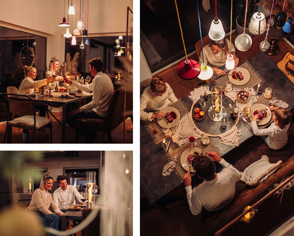a collage of a group of people sitting around a table.