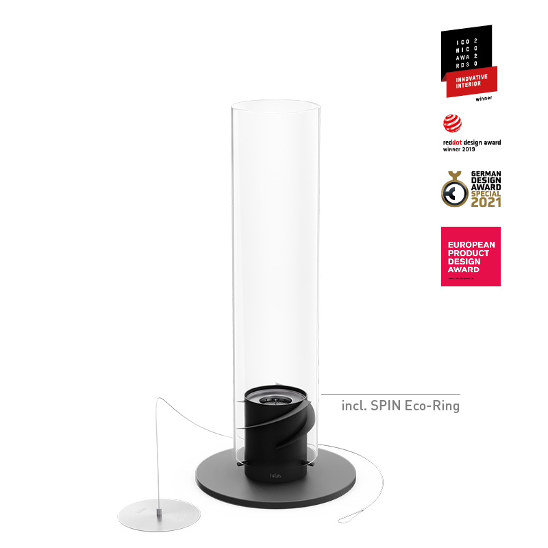 SPIN classic 1200 Tabletop Fireplace black An image showing the speaker is shown with a stand and a speaker, with the SPIN 1200 Tabletop Fireplace black.
