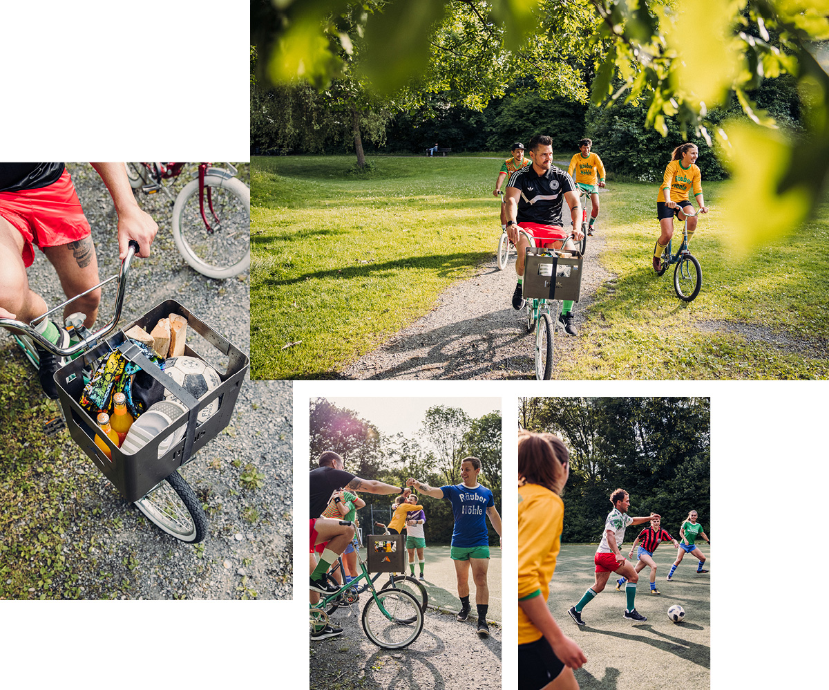 Dieses Bild zeigt eine Gruppe von Leuten, die auf einem Weg Fahrrad fahren.