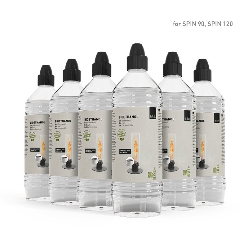 Szene, die eine Gruppe von Ethanolflaschen mit weißem Hintergrund zeigt, wobei das 090801-6 Bioethanol Gel 6 Pack durch seine praktische Eleganz hervorsticht.