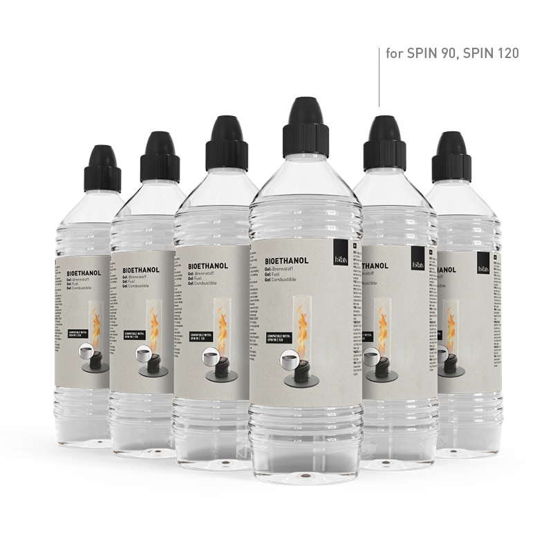 Bioéthanol Gel Combustible bouteille de 1l | Lot de six Scène montrant un groupe de bouteilles d'éthanol avec un fond blanc, où le pack de 6 gels Bioéthanol -6 se distingue par son élégance pratique.