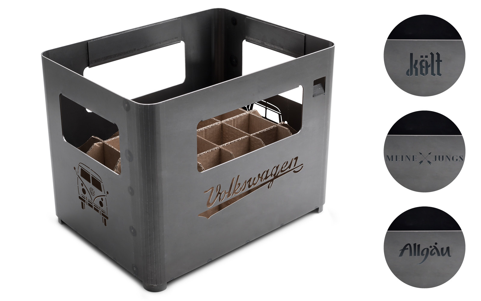 Ici est représenté un porte-bouteilles de vin noir avec trois bouteilles, avec le brasero de table logo SPIN.