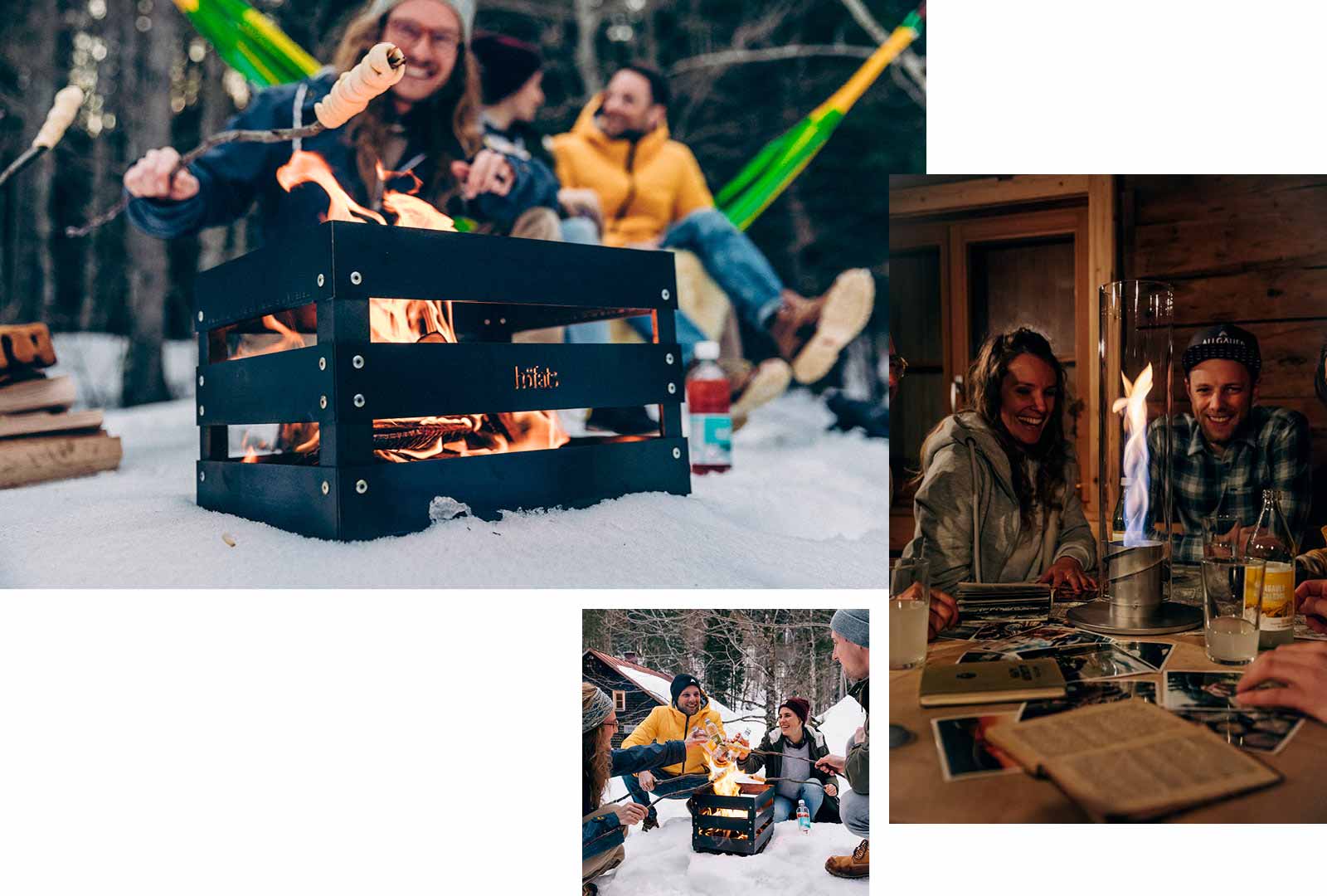 Hier ist eine Gruppe von Menschen abgebildet, die um einen Feuerkorb sitzen, mit dem CRATE Feuerkorb.