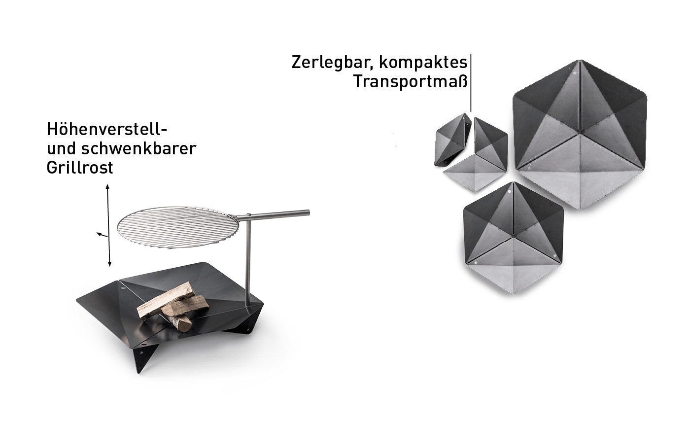 Ein Bild zeigt ein schwarz-weiß Foto eines Grills, mit dem TRIPLE.