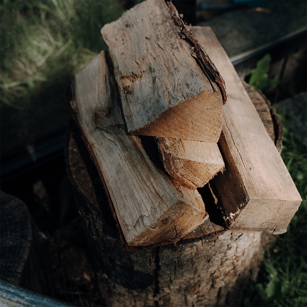 Ein Stück Brennholz auf einem Baumstamm