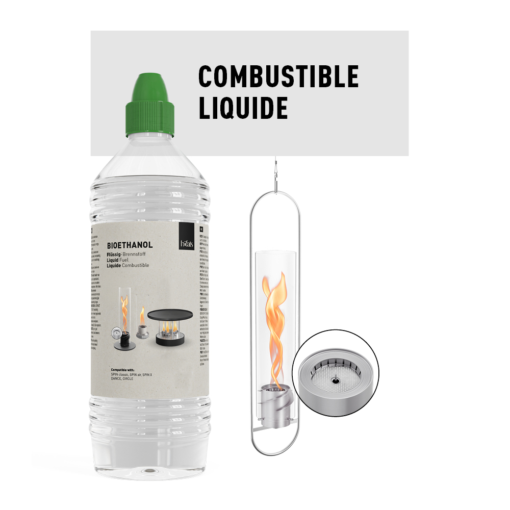 Une bouteille de bioéthanol liquide et un feu suspendu SPIN à côté