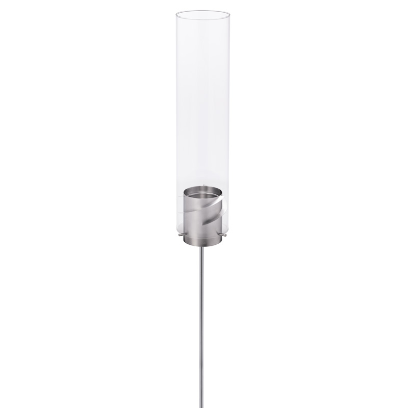 a glass and metal floor lamp with a white shade.