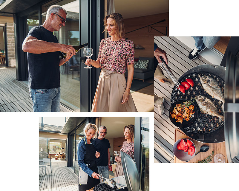 Illustré est un homme et une femme en train de cuisiner sur un grill.