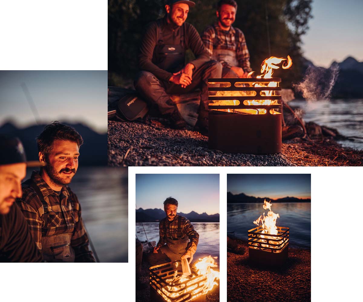 Illustrated is a man and woman sitting around a campfire