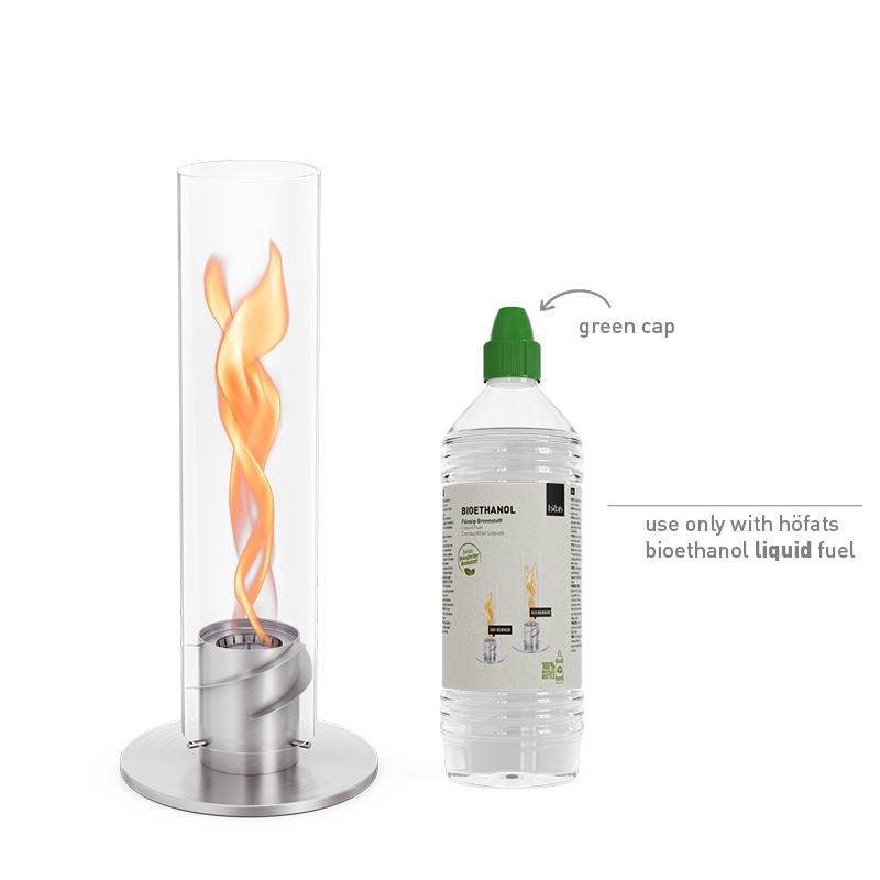 SPIN 1200 Tabletop Fireplace silver A white background with the 00695 Spin 1200 Tablefire silver and a bottle of bioethanol liquid