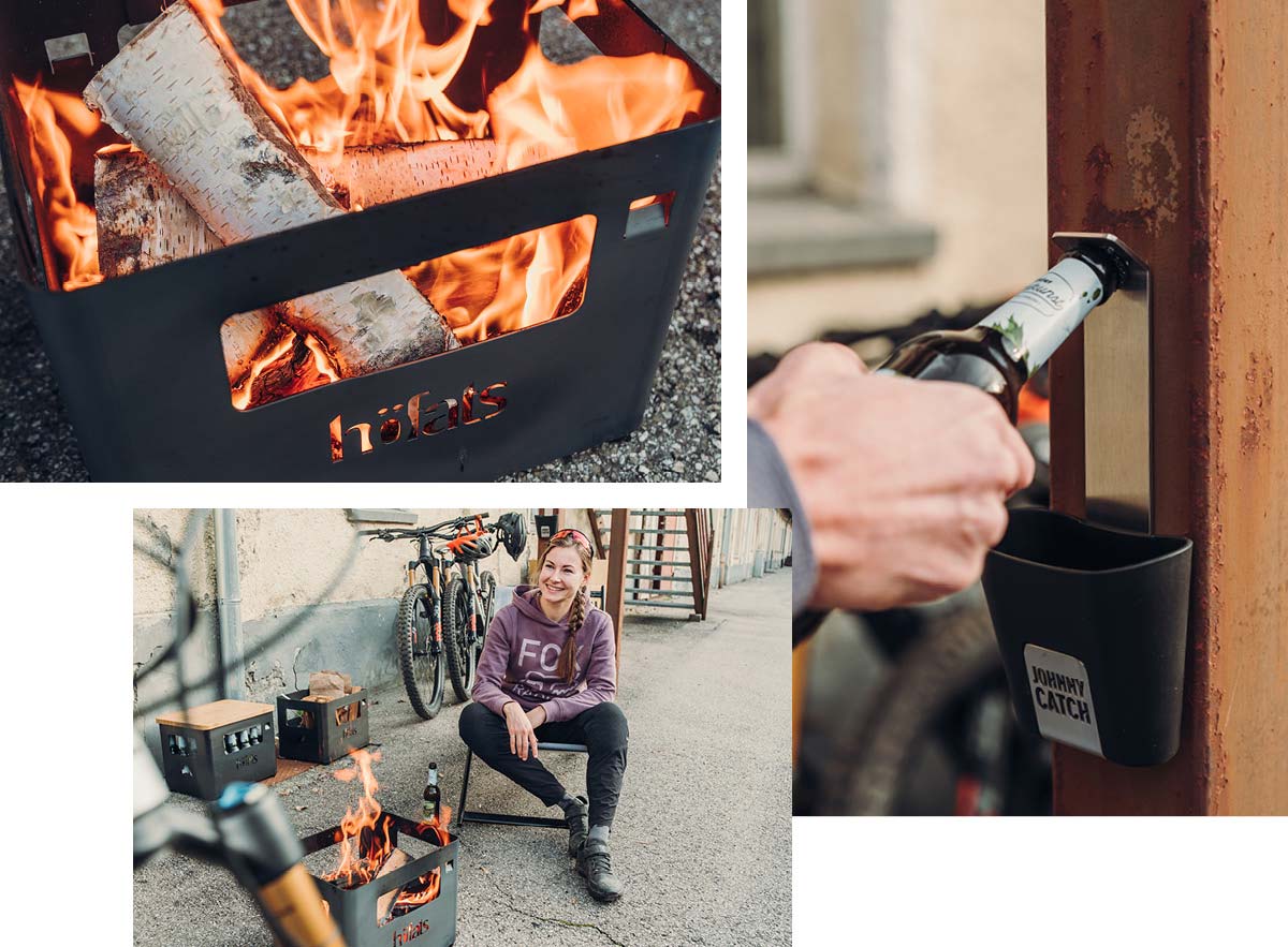 Illustrated is a person is sitting by a fire and a bottle of wine, with the BEER BOX Fire Basket.