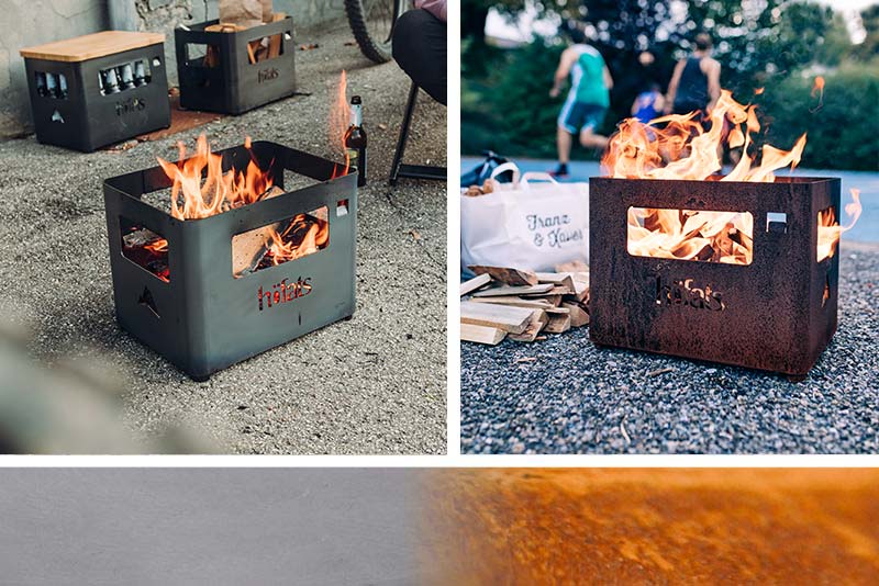 The Beerbox is shown as a fire pit with a fire in it, creating a stylish and accessible visual.