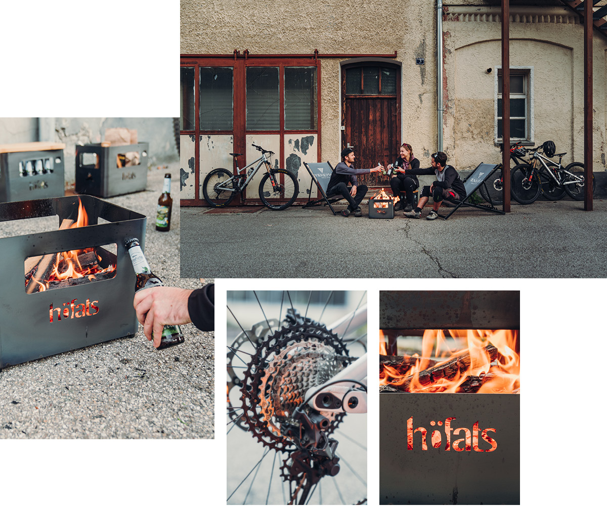 Illustrated is a man is sitting in front of a fire pit, with the BEER BOX Fire Basket.
