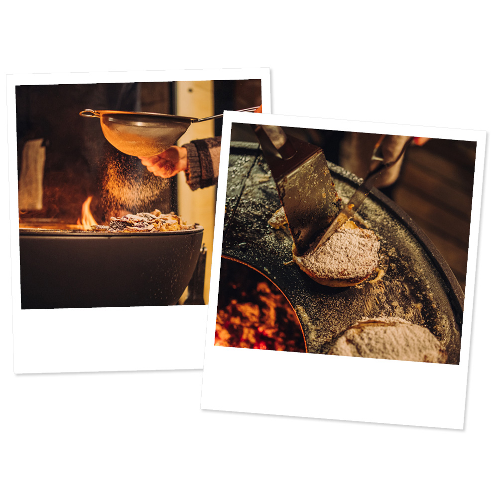 Hier sind zwei Bilder einer Person, die Essen auf einem Grill zubereitet, mit der BOWL Feuerschale.