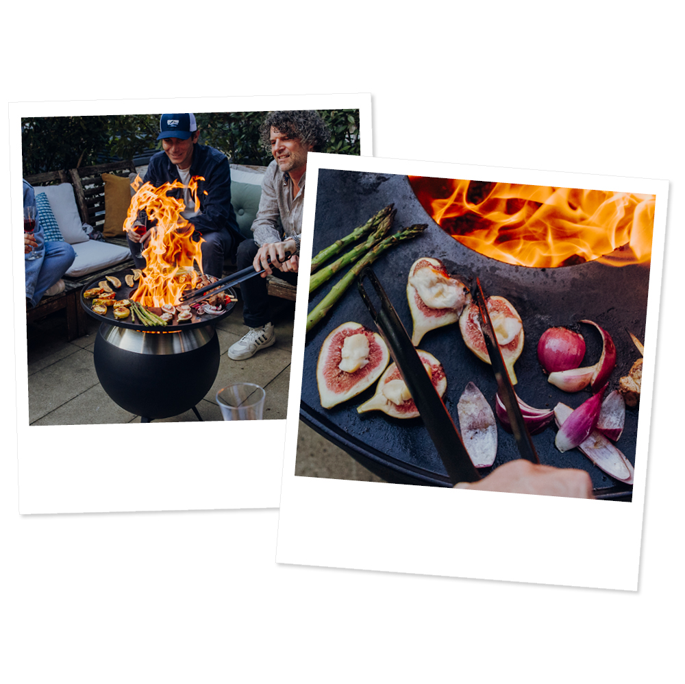 Deux images d'un feu et d'un homme assis sur un banc.