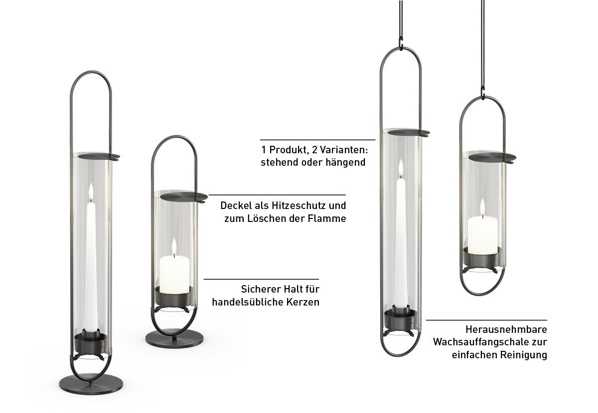 Erleben Sie die zwei verschiedenen Varianten des OvalCandle-Lichts. Mit einer stehenden oder hängenden Variante.