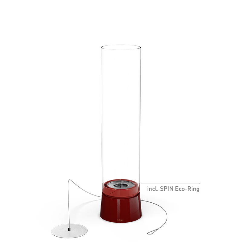 Scene showing a red base with a glass cylinder, where the 00814 Spin Air 1200 Tablefire Emaille red stands out for its practical elegance.
