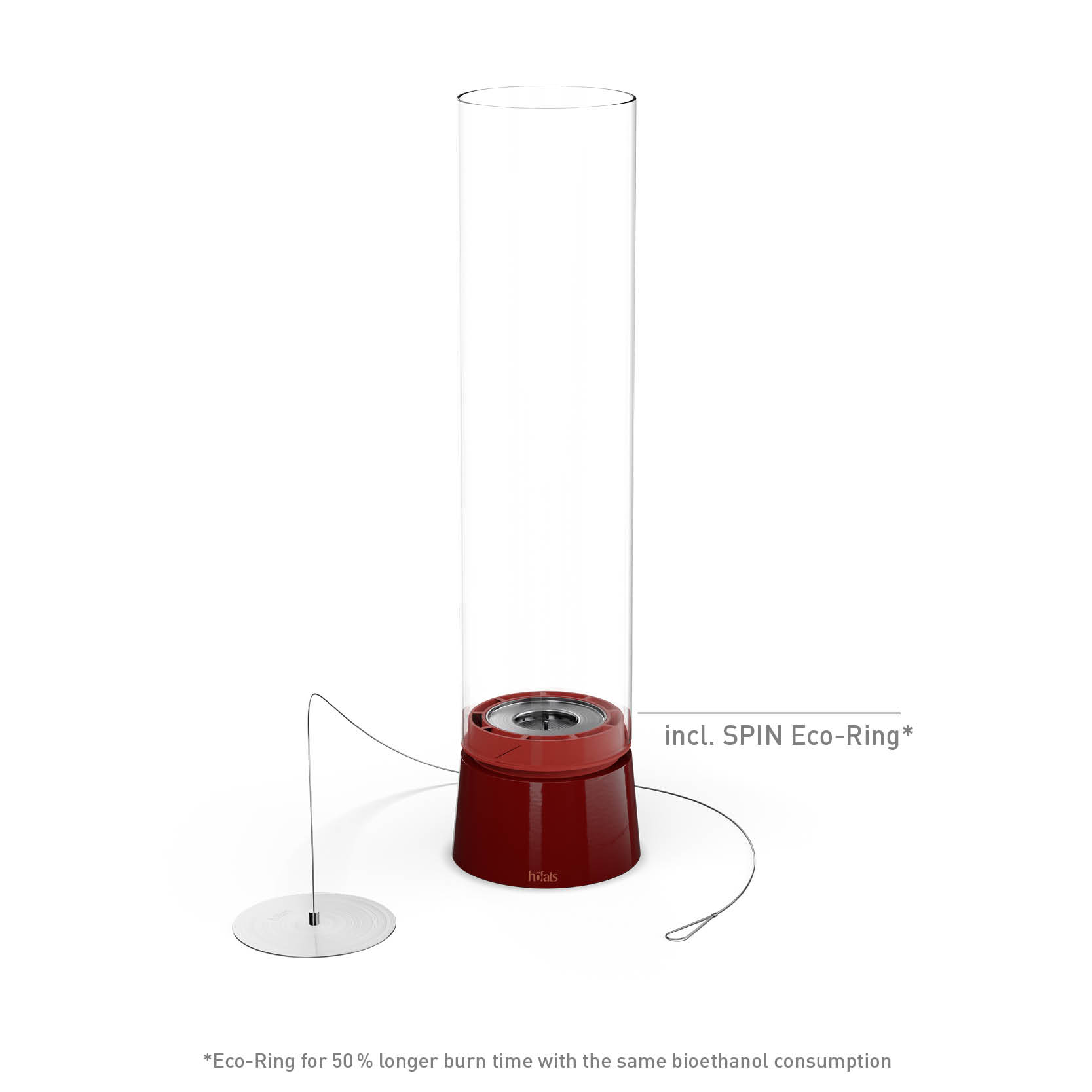SPIN air 1200 Cheminée de Table émail rouge Scène montrant une base rouge avec un cylindre en verre, où le 00814 SPIN air 1200 Feu de Table Emaille rouge se distingue par son élégance pratique.