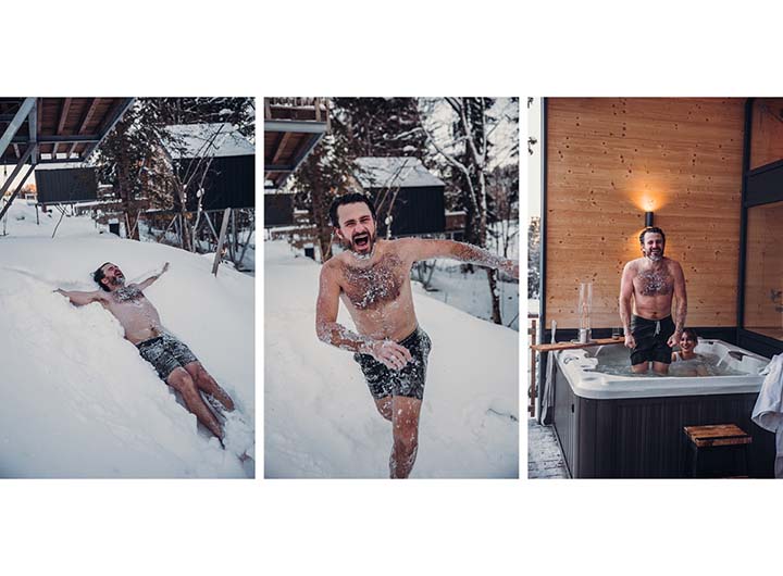 The photo presents a man in the snow with a drink, with the Atmospheric image Christmas for Console.