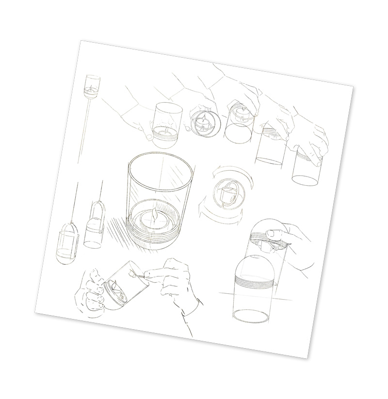 Depicted here is a drawing of a glass with a bottle and a bottle of liquid, with the LOGO GRAVITY CANDLE M90 Lantern.