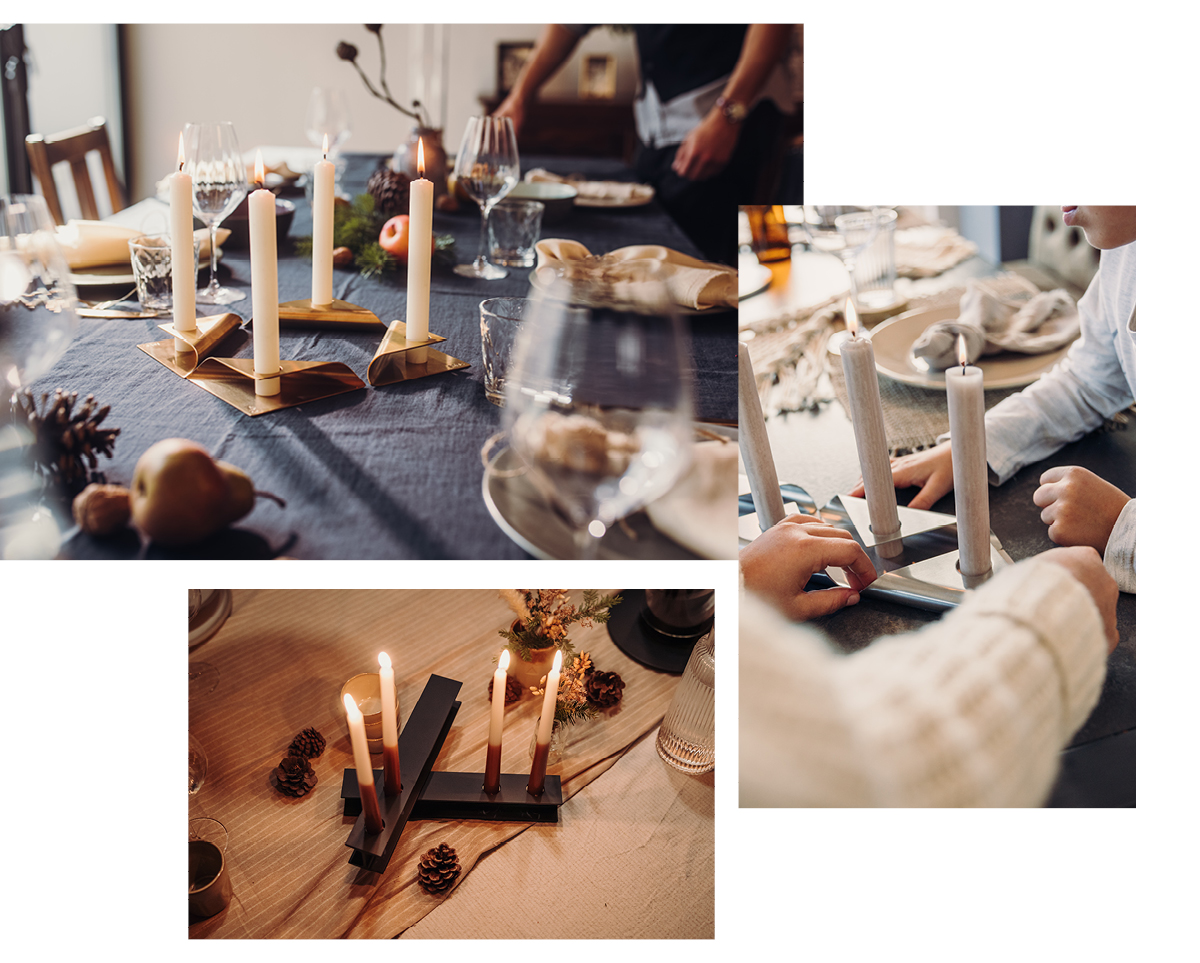 a collagelage of pictures with candleholders on a table