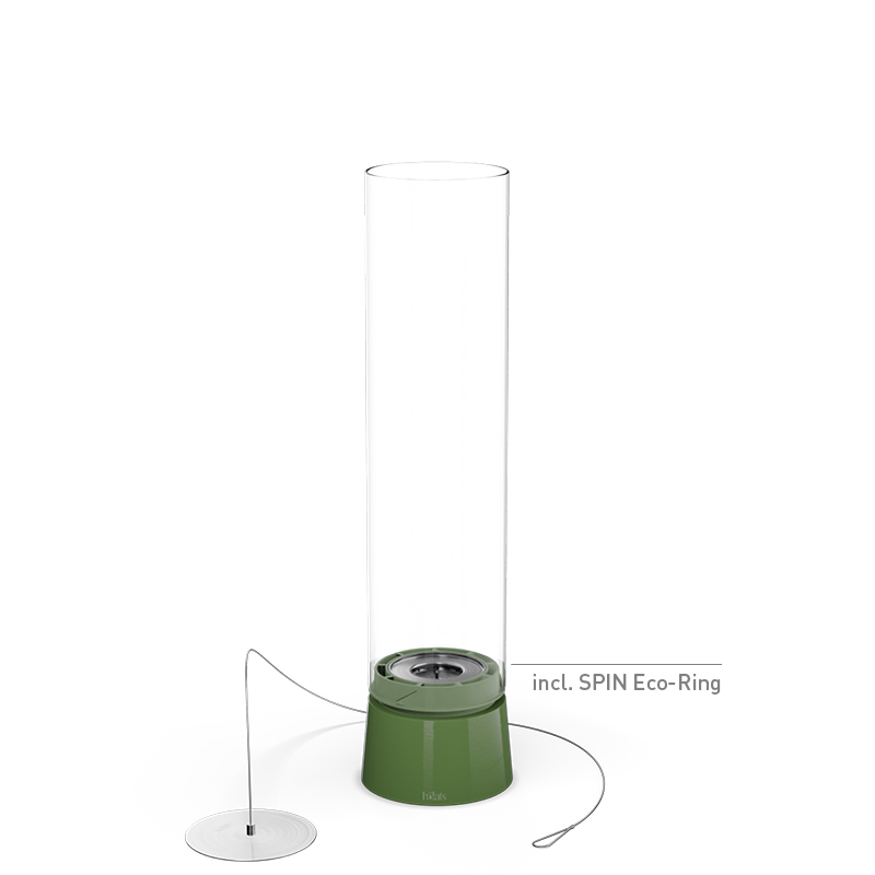 SPIN air 1200 Tabletop Fireplace enamel green A green base with a glass cylinder, with the 00819 Spin Air 1200 Tablefire Emaille green adding a functional and elegant touch to the scene.