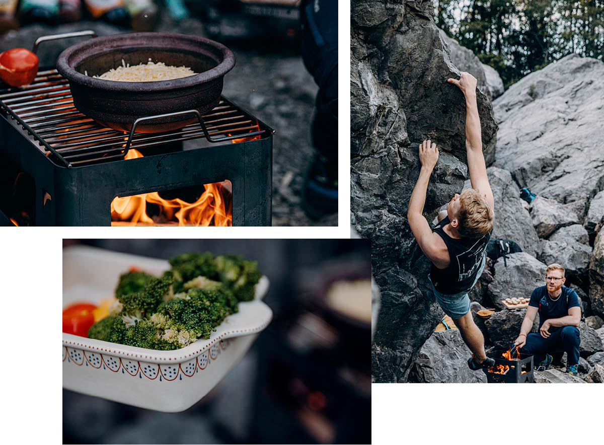 Depicted here is a man is cooking food on a grill, with the BEER BOX Fire Basket.