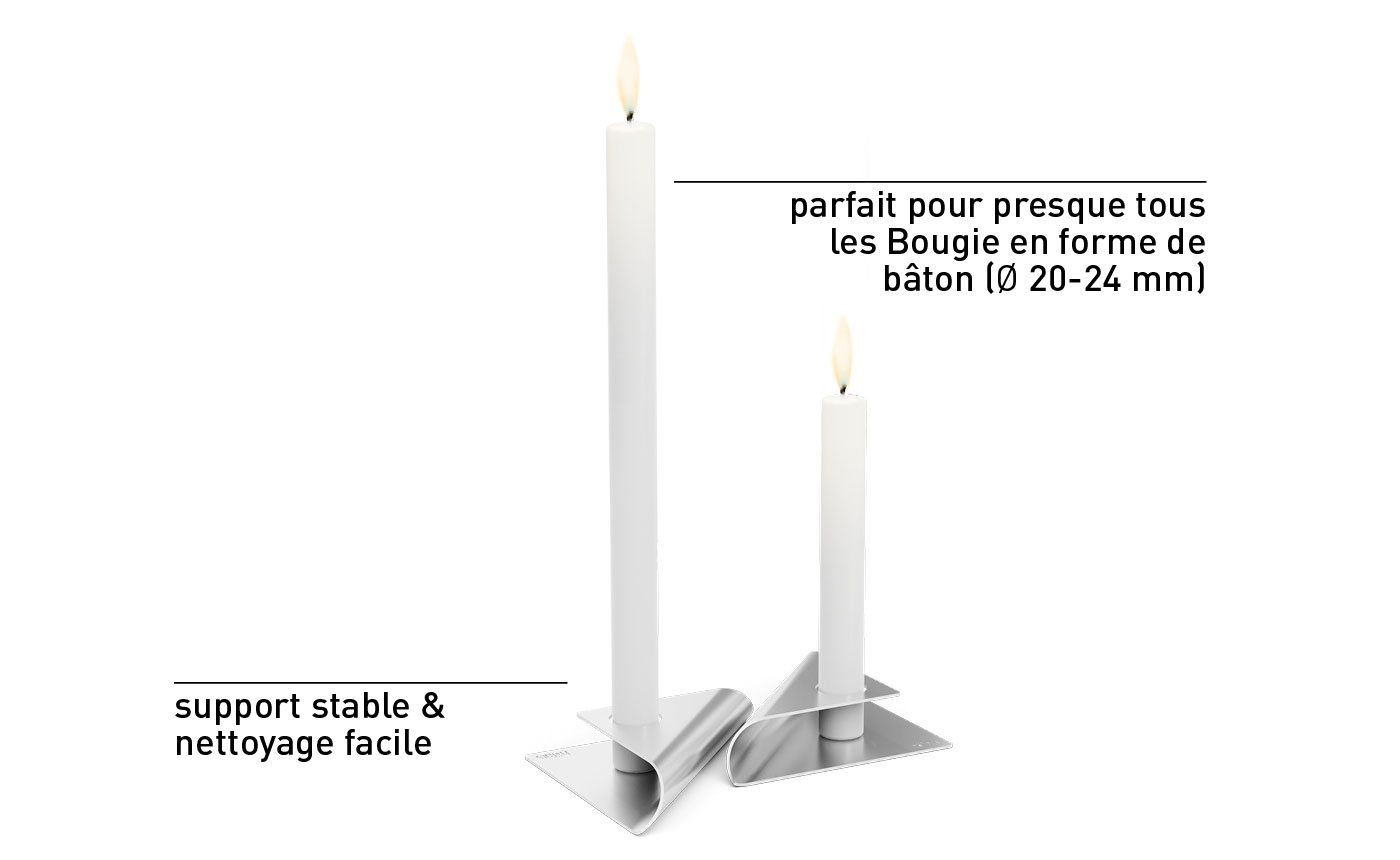 Une vue d'une bougie blanche avec un porte-bougie noir, avec la SQUARE CANDLE .