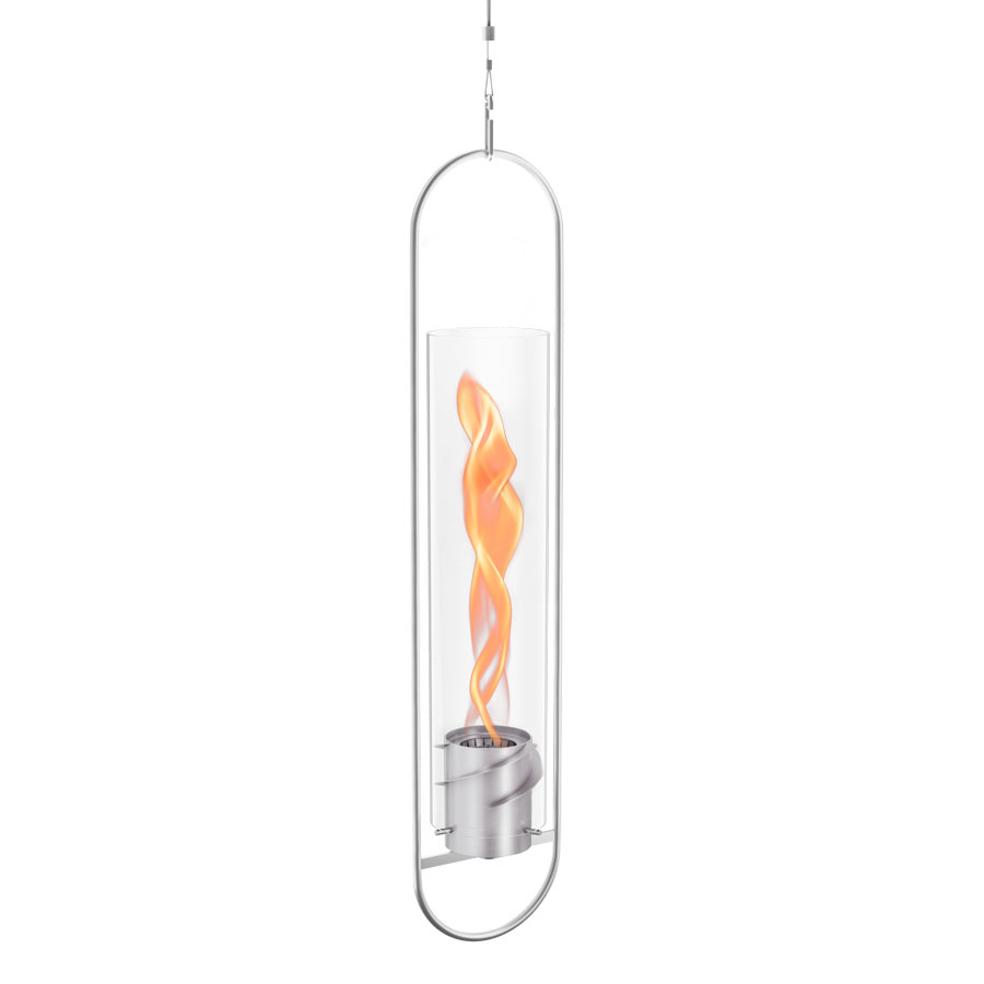 A white background with a curved metal frame showing the 00774 Spin 1500 Hangingsystem with the flame inside, which merges design with utility.
