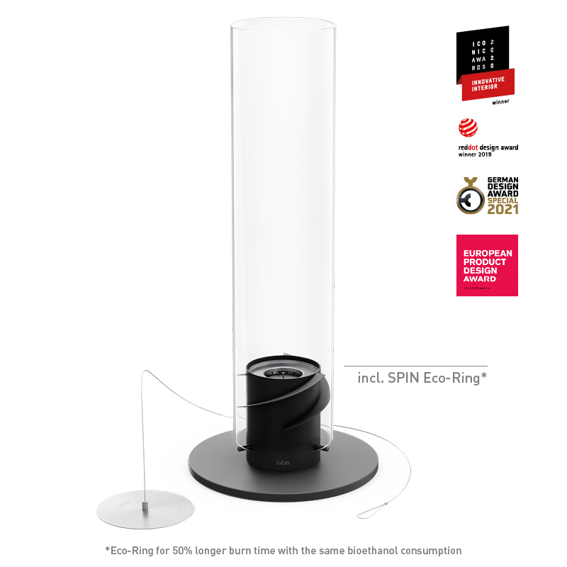 SPIN classic 1500 Pedestal Fireplace black An image showing the glass cylinder with a black base and a white base, with the SPIN 1500 Pedestal Fireplace black.