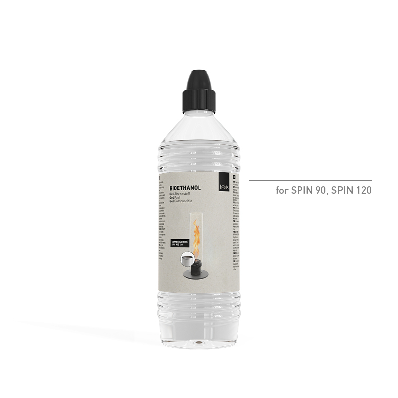 Bioethanol 1l Flasche Gel-Brennstoff Eine Flasche Flüssigkeit mit schwarzem Deckel, die die 090801 Bioethanol Gel 1-Liter-Flasche zeigt.