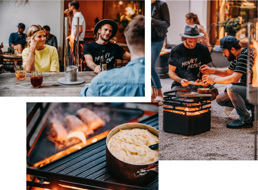 a group of people sitting around a fire pit.