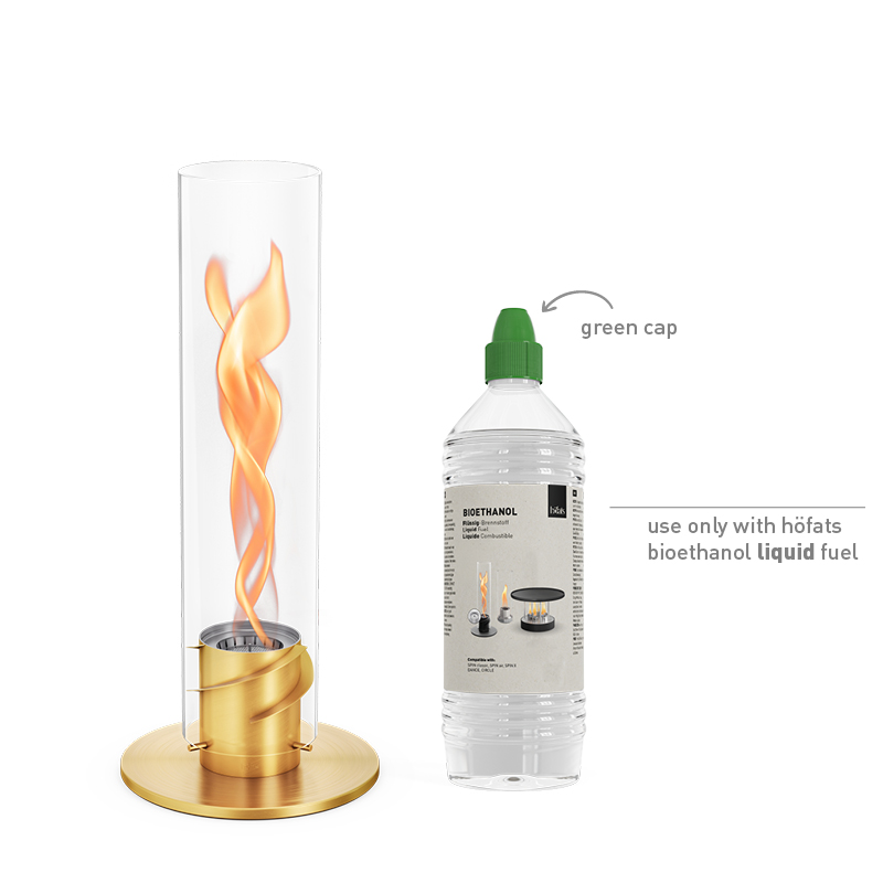 SPIN classic 900 Tabletop Fireplace gold A white background with the 00699 Spin 1200 Tablefire gold and a bottle of bioethanol liquid