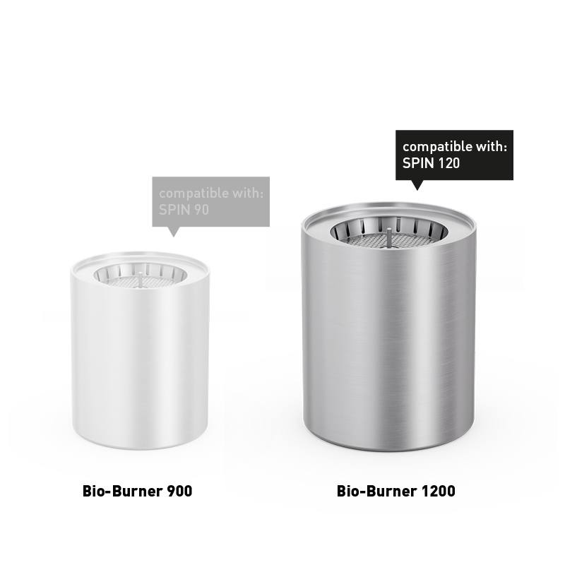 SPIN 1200 Bio-Burner mit Eco-Ring und Löschdeckel Eine Darstellung einer Edelstahl-Tasse mit dem 00696 Spin 1200 Bio Burner als zentralem und zweckmäßigem Element.