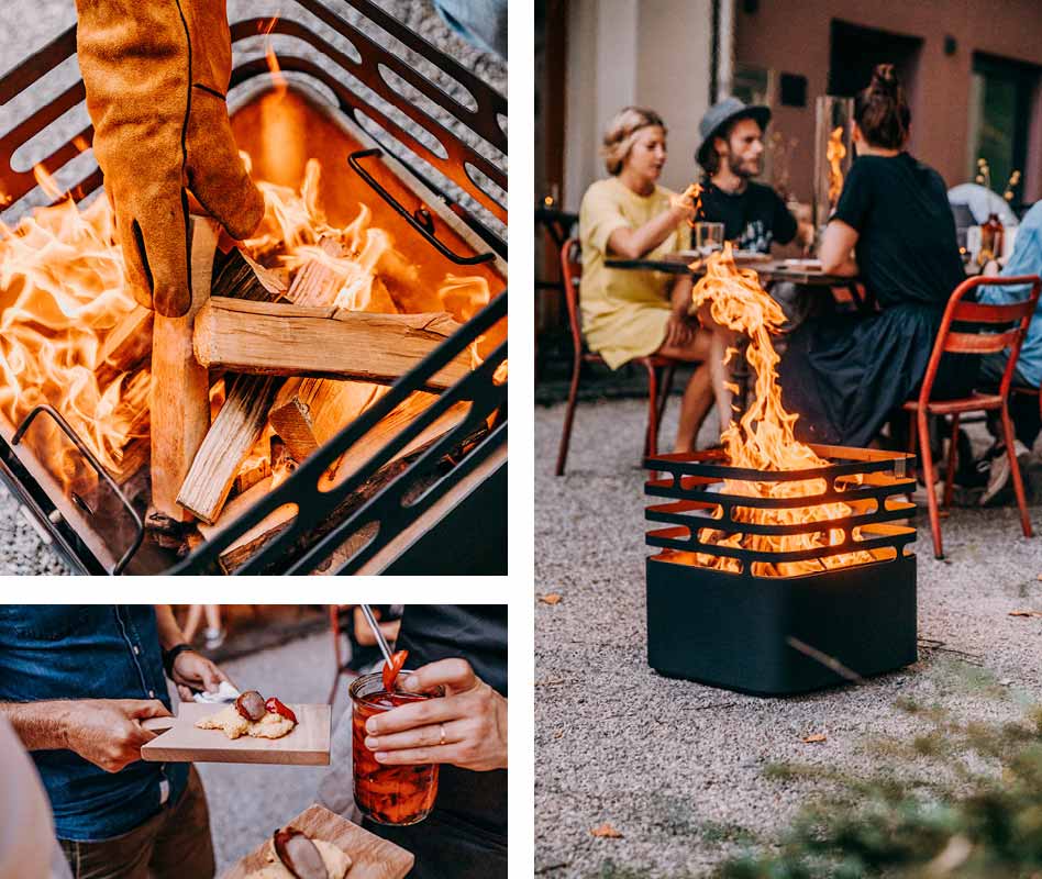 The photo presents a col collage of a man roasting marsh and a fire, with the discount total value of.