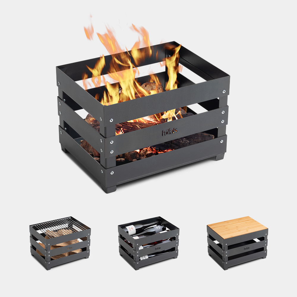 Un brasero avec une boîte en bois et un feu, créant une image élégante et accessible.